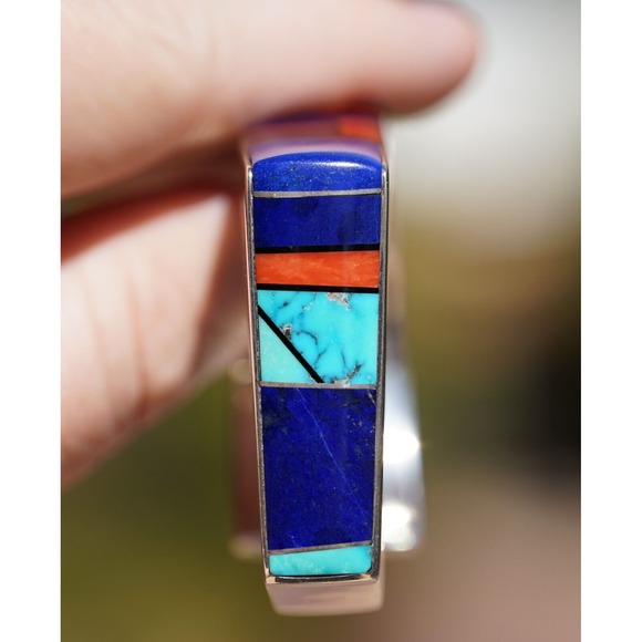 Jim Harrison Navajo Native Indian Sterling Inlay Multi Stone Cuff Bracelet Heavy - Picture 5 of 17